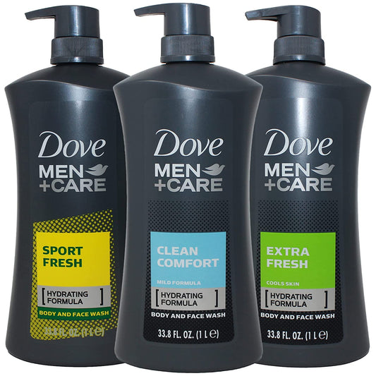Three Dove Men+Care body wash pump bottles, Sport Fresh yellow, Clean Comfort blue, Extra Fresh green