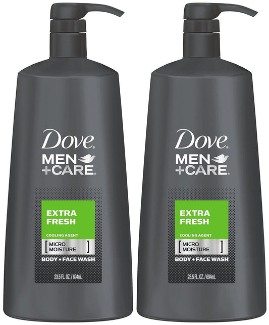 Two Dove Men+Care Extra Fresh body wash bottles, dark gray, each with pump dispenser.