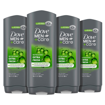 Dove Men+Care Body Wash Extra Fresh 4 Count for Mens Skin Care Body Wash Effectively Washes Away Bacteria While Nourishing Your Skin 18 oz - Renee Lane Company