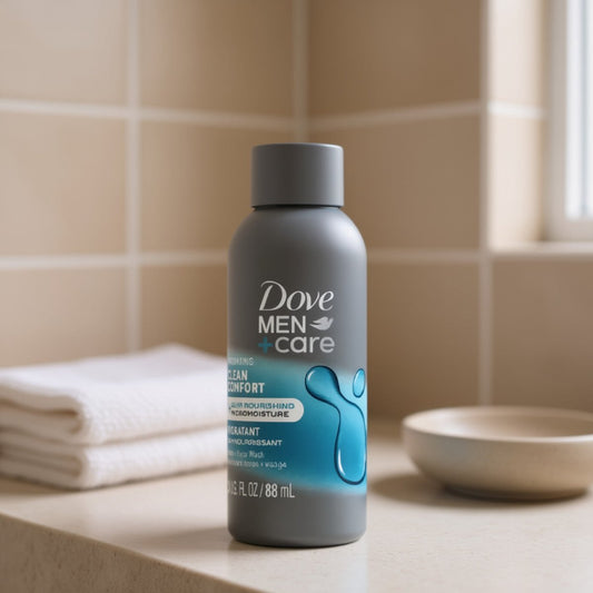 Dove Men Care travel body & face wash bottle, 88 mL