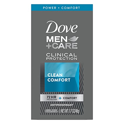 Clinical antiperspirant package, Clean Comfort, shows 72 HR + comfort claim and Dove Men+Care