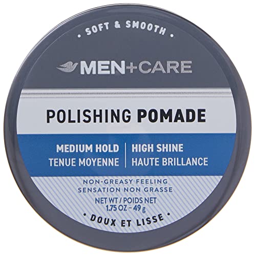 Hair pomade tin front label, dark lid with MEN+CARE and blue hold shine panel