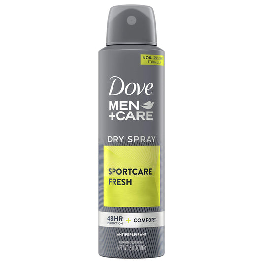 Dove Men+Care dry spray antiperspirant can, dark gray body with SportCare Fresh panel