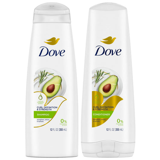 Dove curl definition shampoo and conditioner set, white bottles with flip tops