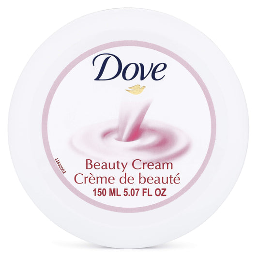 Beauty cream jar with Dove label, swirl graphic, and '150 ML 5.07 FL OZ' text