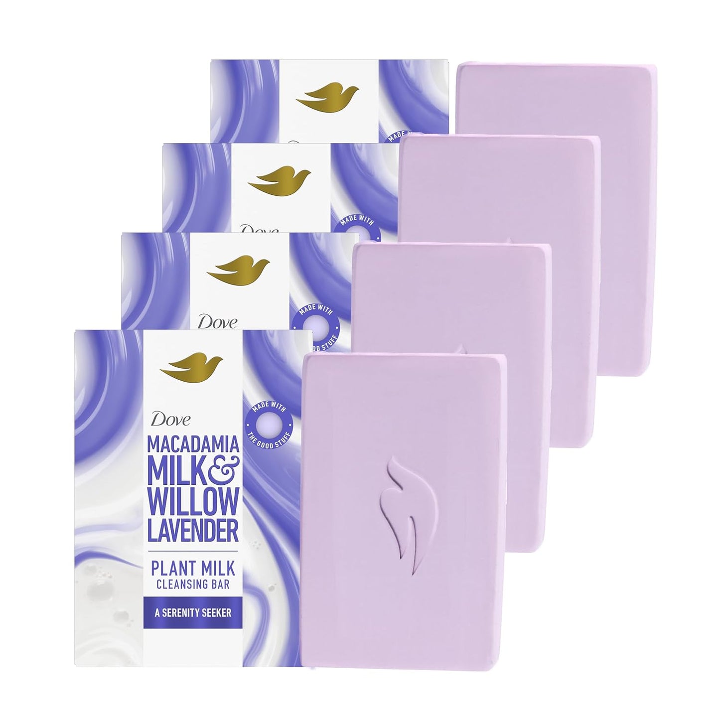 Dove Plant Milk Cleansing Bar Soap Macadamia Milk & Willow Lavender Serenity Seeker 4 Count for Moisturized Skin Gentle Cleanser, No Sulfate Cleansers or Parabens, 98% Biodegradable Formula 5 oz - Renee Lane Company