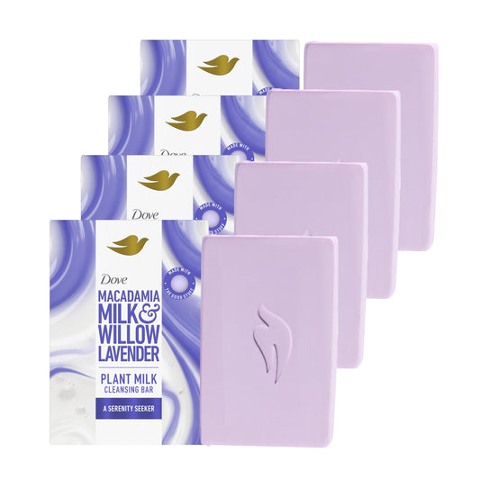 Lavender Dove cleansing bar soap with leaf mark, shown with white bar behind