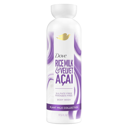 Dove body wash bottle with purple acai and rice milk label, 17.5 fl oz