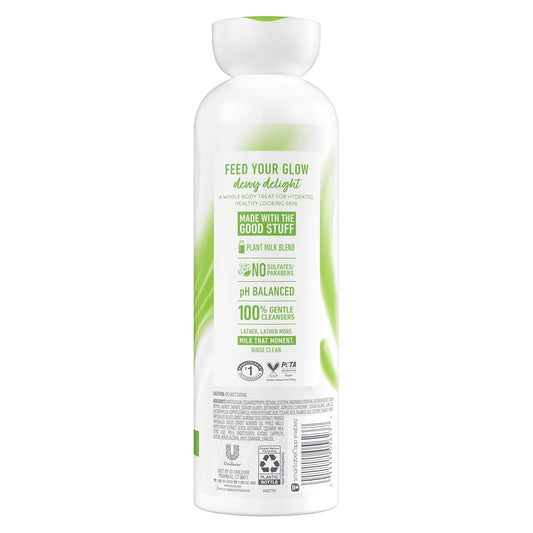 Body wash bottle back label with green plant motif and pH balanced