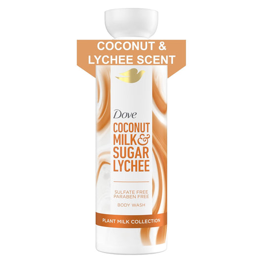 Dove body wash bottle, Coconut Milk & Sugar Lychee scent, white with orange label