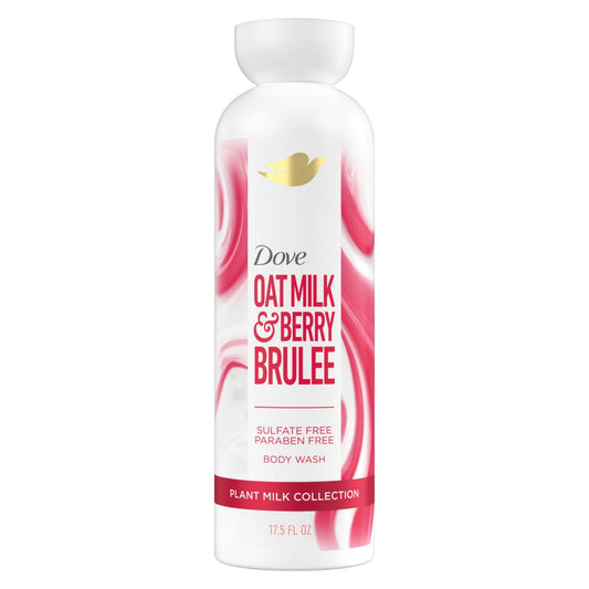 Dove Oat Milk & Berry Brullee body wash bottle, white with pink swirl design