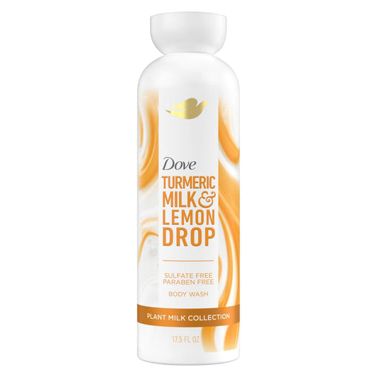 Dove body wash bottle with Turmeric Milk & Lemon Drop label, 17.5 fl oz