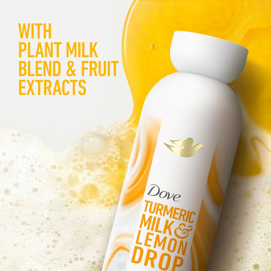 Dove body wash bottle with Turmeric Milk & Lemon Drop label and plant milk blend graphic