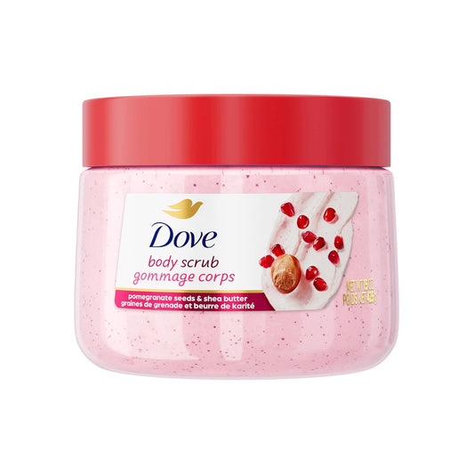 Pink Dove body scrub jar with red lid and front label