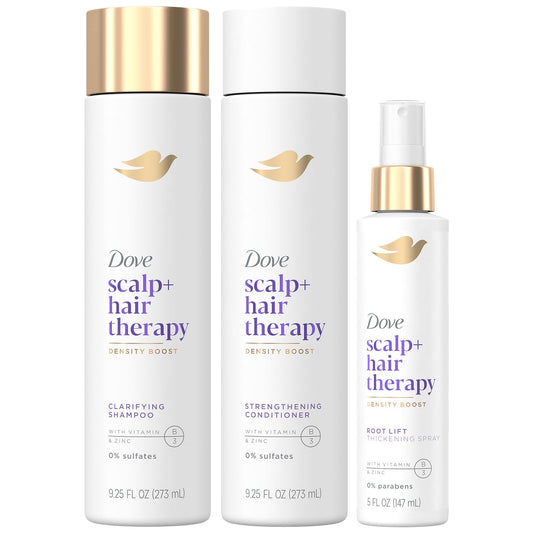 Hair therapy bundle set: shampoo, conditioner, and thickening spray bottles