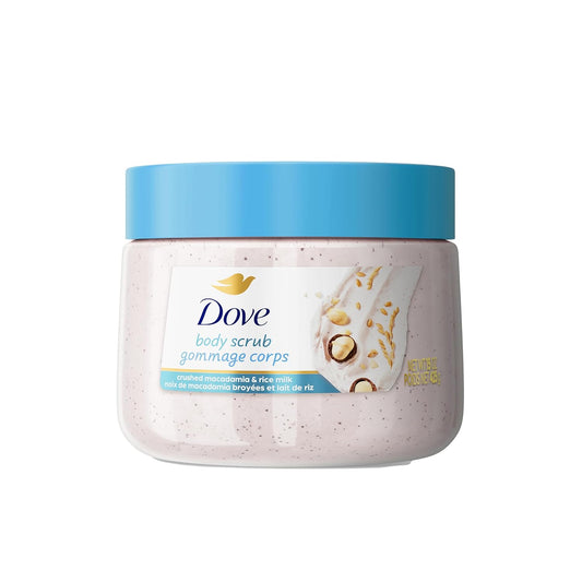 Dove body scrub jar with blue lid and creamy white exfoliating paste