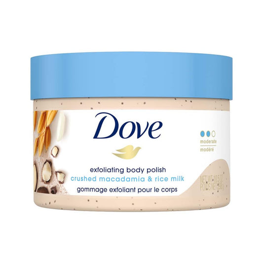 Dove exfoliating body polish body scrub jar with blue lid, cream label, speckled exfoliant