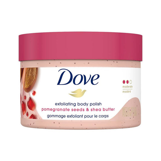 Dove body scrub jar with pink lid, exfoliating polish, pomegranate seeds and shea butter