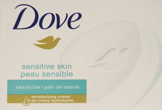 Dove sensitive skin bath bar wrapper with moisturizing cream and unscented text