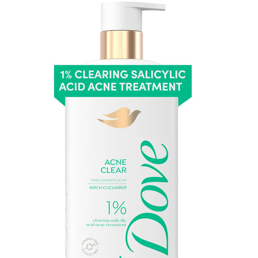 Acne Clear body wash bottle with gold pump and green label, 1% salicylic acid