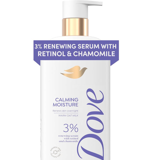 Calming body wash bottle with gold pump and '3% retinol & chamomile' label