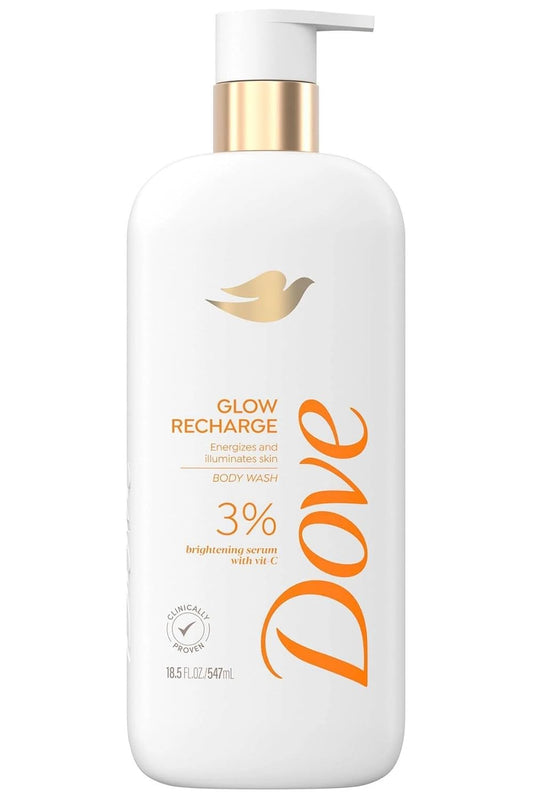 Glow Recharge body wash bottle with pump, white bottle and gold cap