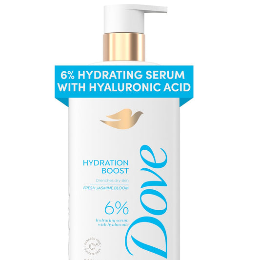 Dove Hydration Boost serum body wash bottle, white with gold pump, 6% hyaluronic acid.