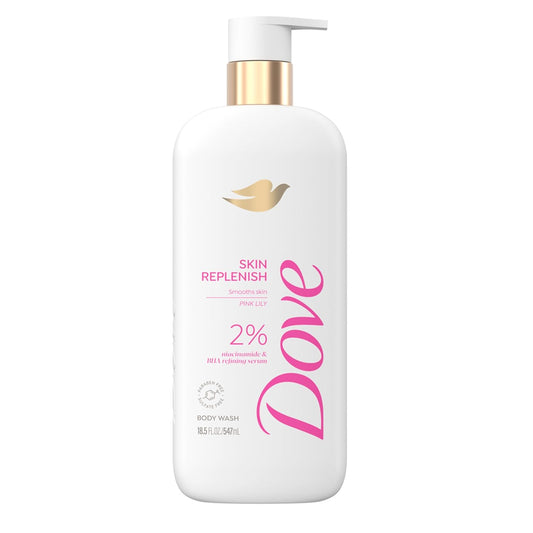 Dove body wash bottle with gold pump, white bottle and pink label