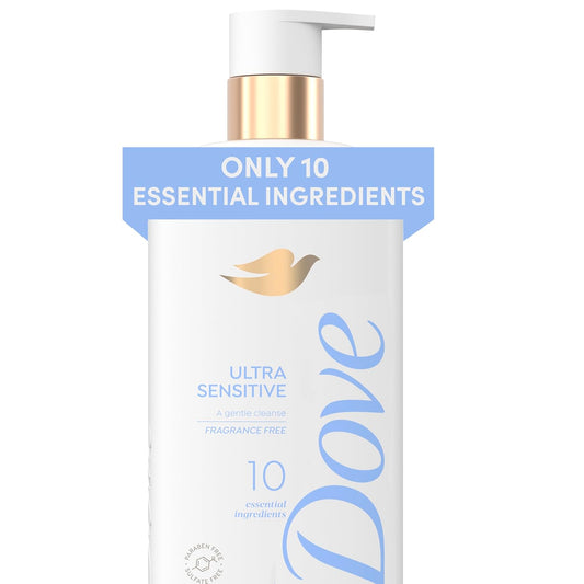 Dove body wash bottle with gold pump and blue label reading 'ONLY 10 ESSENTIAL INGREDIENTS'
