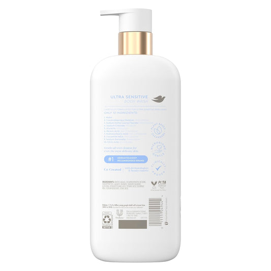 Dove body wash bottle with gold pump, showing the back panel with ingredient and directions text