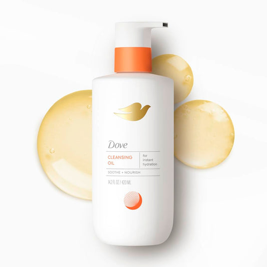 Dove cleansing oil-to-lather body wash bottle with orange pump and front label