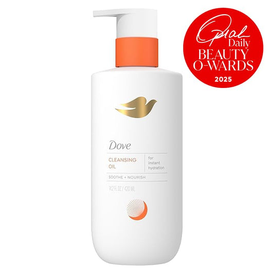 Dove cleansing oil-to-lather body wash bottle with orange pump, upright view