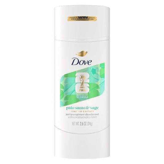 Dove solid deodorant stick with 'palo santo & sage' label