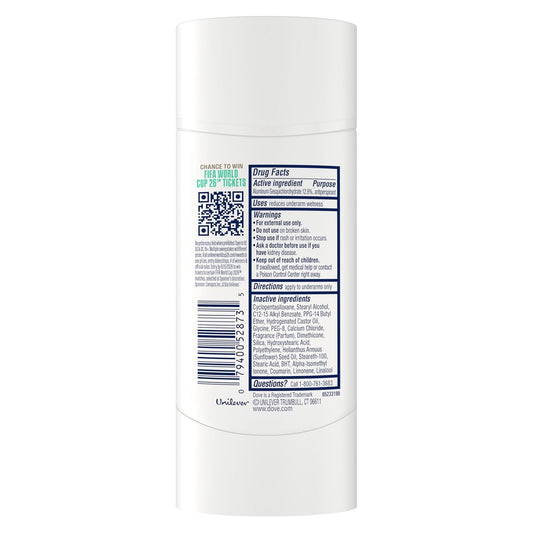 Dove solid deodorant stick back label with drug facts and directions