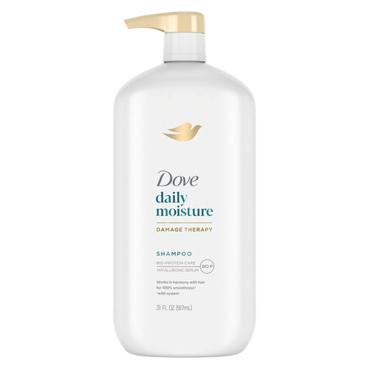 Shampoo bottle with gold pump and blue label text, Dove daily moisture, 31 fl oz