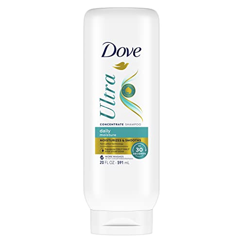 Dove Ultra daily moisture shampoo bottle, front label view, white, 20 fl oz