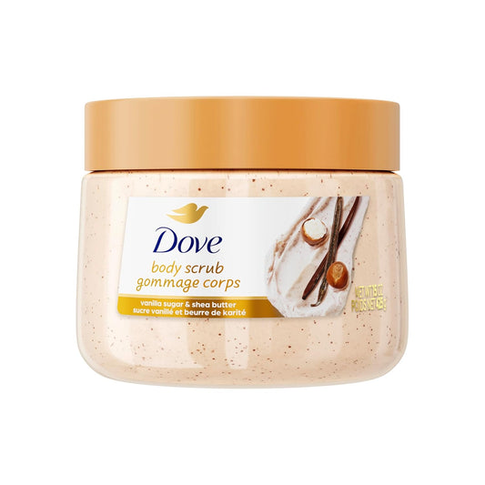 Dove body scrub jar with beige cap and creamy vanilla-sugar scrub speckles
