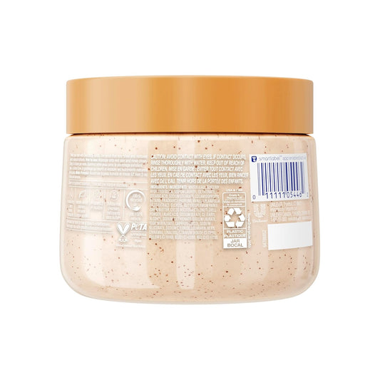 Dove body scrub jar back label with barcode and ingredient information panel