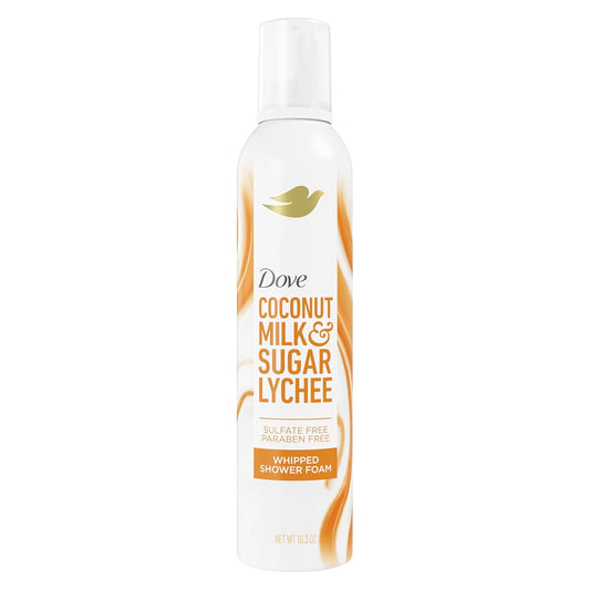Shower foam bottle with pump, white with orange label and gold graphics.