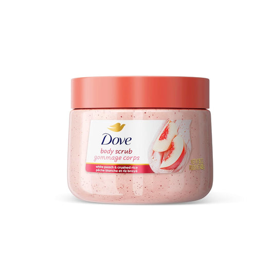 Body scrub jar with red lid and pale pink peach-scented scrub