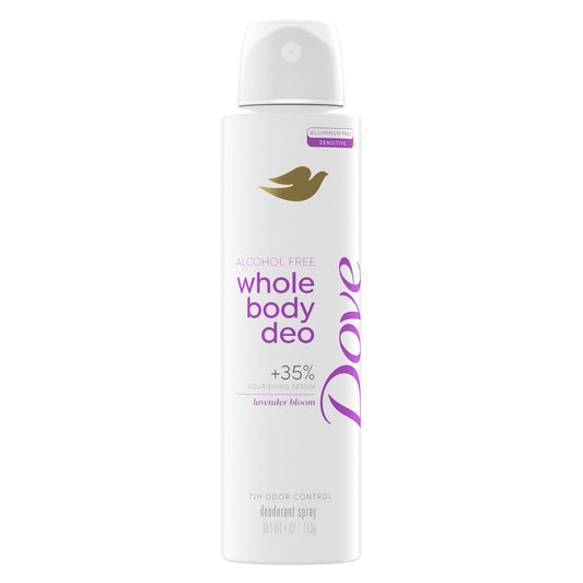Dove alcohol-free whole body deodorant spray bottle, lavender bloom scent, 4 oz