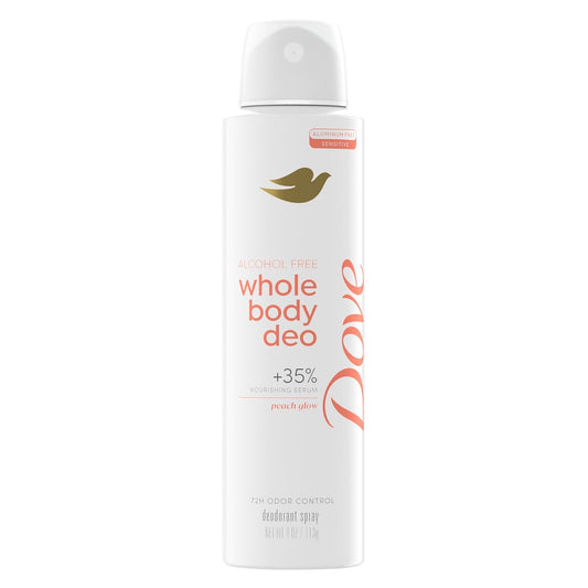 Dove alcohol-free whole body deodorant spray, white bottle with peach glow label