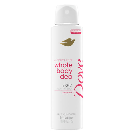 Dove alcohol-free whole body deodorant spray, berry blush, white canister