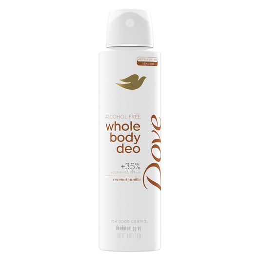 Alcohol-free whole body deodorant spray, white can with coconut vanilla label
