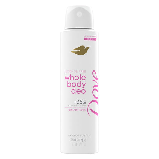 Alcohol-free whole body deodorant spray, gardenia breeze scent, white can, flip-top cap