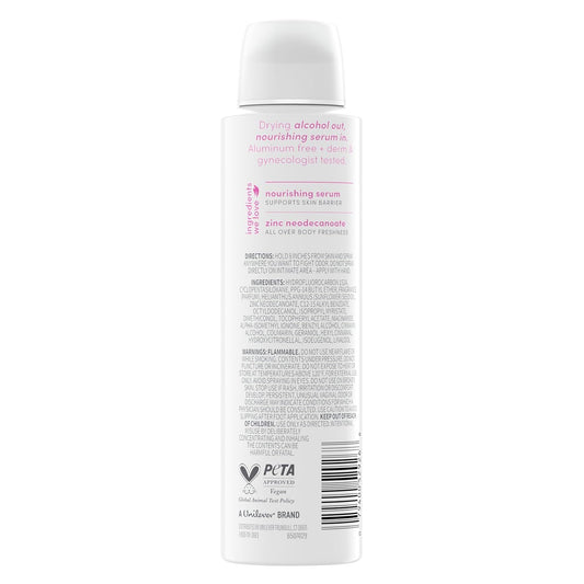 Alcohol-free whole body deodorant spray, back ingredients panel, white can, flip-top cap