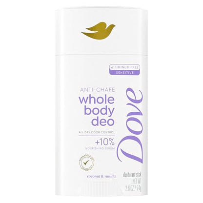 Dove Whole Body Deo Aluminum Free Anti-Chafe Deodorant Stick Coconut & Vanilla for 72h Odor Control 2.6 Oz - Renee Lane Company