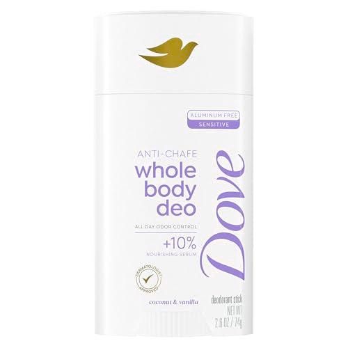Dove anti-chafe whole body deodorant stick, aluminum-free, coconut & vanilla scent, 2.6 oz