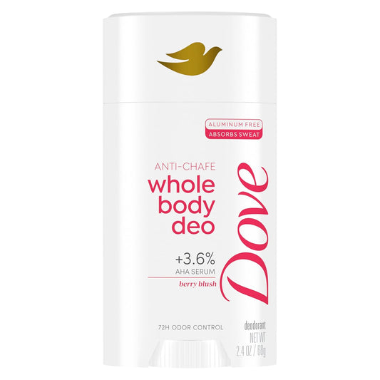 Aluminum-free deodorant stick, white container with Dove anti-chafe whole body deo label