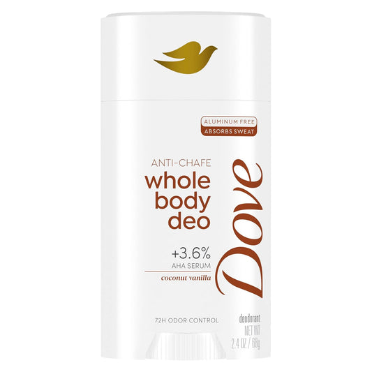 Dove whole body anti-chafe deodorant stick, aluminum-free coconut vanilla, 2.4 oz